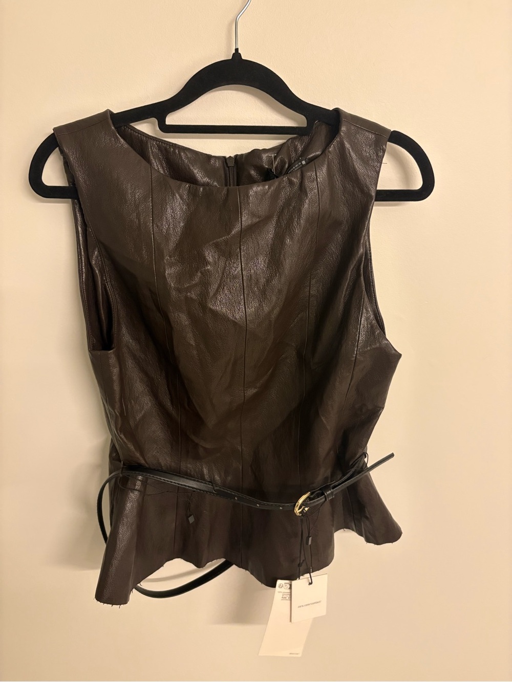 Zara Sleeveless Brown Faux-Leather Peplum Top